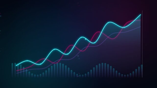 Textless Neon Line Graph Financial & AI Performance Growth Motion Graphics 4K. Minimalist textless neon line graph showing dynamic upward growth trend with multi-layered glowing curves, tracking laser