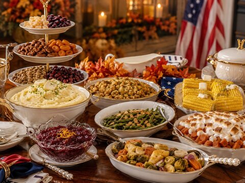 Reichhaltiges Thanksgiving-Buffet mit Kartoffelp&uuml;ree, Stuffing, Mais, gr&uuml;nen Bohnen, Cranberrysauce, S&uuml;&szlig;kartoffeln und Gem&uuml;se vor amerikanischer Flagge und Herbstdeko.