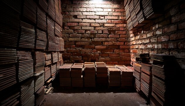 a dimly lit room with stacked tiles against a worn brick wall