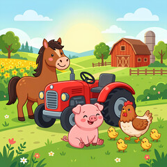 Fototapeta premium Cartoon farm with horse pig chicken and red tractor.