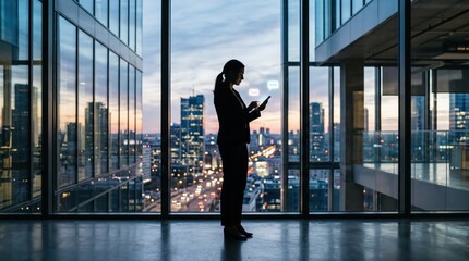 Fototapeta premium Silhouette of businesswoman standing by large window looking at smartphone, modern office interior with city skyline view at dusk, urban lifestyle and corporate communication