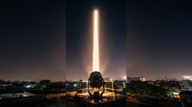 Powerful searchlight beam shining into night sky, vertical light pillar from rooftop projector, urban spotlight at night