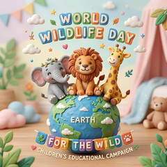 Fototapeta premium Cartoon animals on globe for World Wildlife Day.