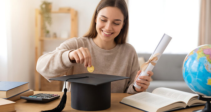 Smiling young woman dropping a gold coin into a graduation cap beside a diploma and globe