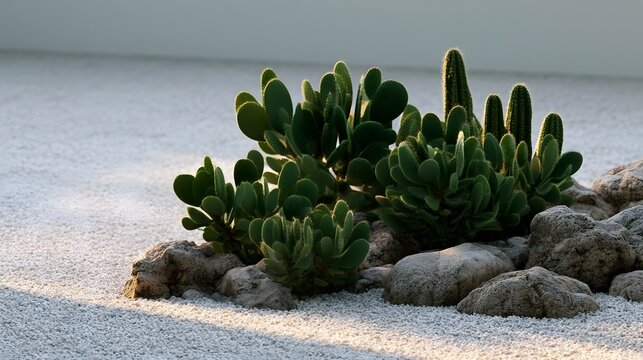 Cactus clusters rise from pale gravel under soft light  creating a serene and minimalist desert landscape scene