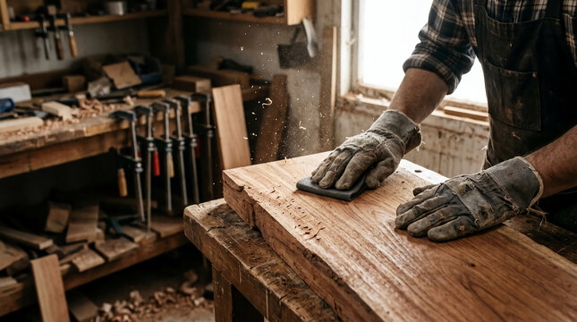 Woodworker sanding raw timber in rustic workshop with flying dust and natural light, artisanal craftsmanship and manual labor in professional studio.