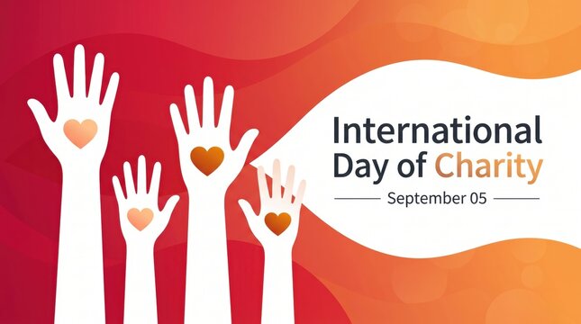 International day of charity poster featuring raised white hands with orange heart symbols against a vibrant red and orange background