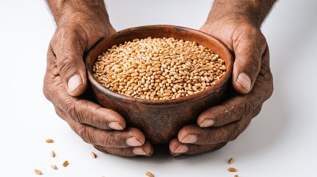 Weathered hands holding a rustic clay bowl filled with golden organic wheat grains against a clean bright white studio background