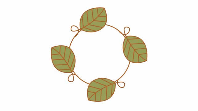 Green olive leaves circular wreath cartoon animation with brown vine loops isolated on an alpha channel for autumn design and fall season element concept.