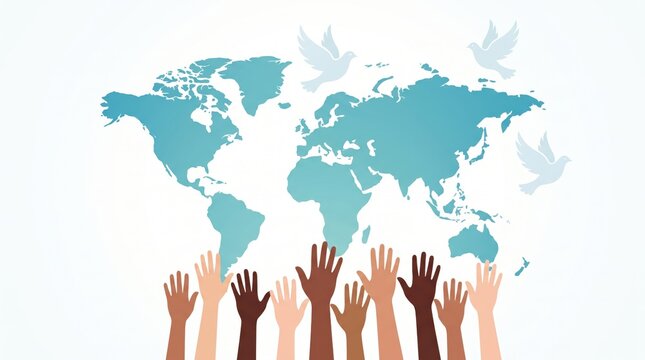 Diverse hands raised together toward a blue world map with flying white doves representing global unity and international peaceful cooperation
