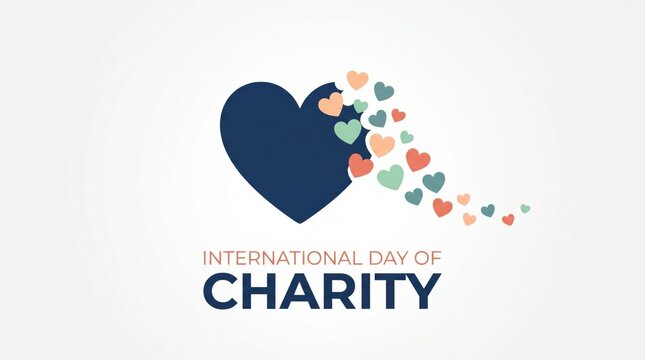 International day of charity graphic design featuring deep blue heart shape with many small colorful floating hearts on background