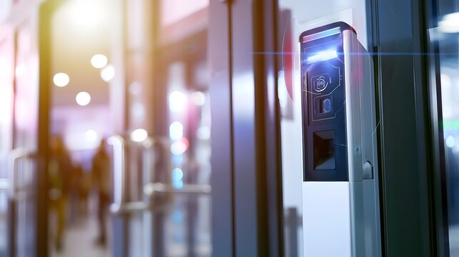 A modern access control device mounted on a glass door with glowing interface elements and blurred background activity