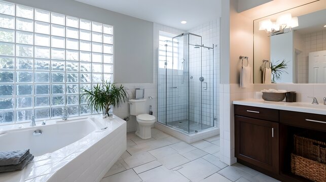 Modern bathroom featuring glass block wall  freestanding tub  walk in shower  and dark wood vanity under bright natural light