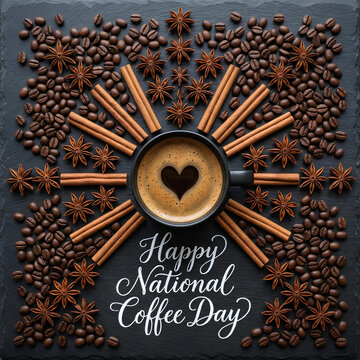 National Coffee Day layout with beans and spices.