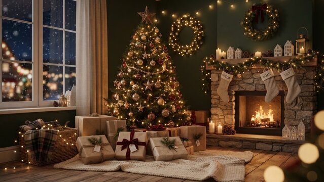 Cozy Christmas Living Room Interior with Festive Tree and Fireplace