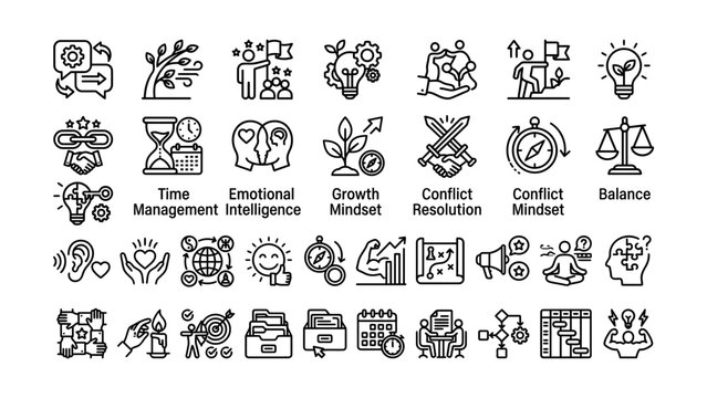 Set of icons illustrating various personal development and soft skills concepts