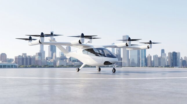 White Electric eVTOL Air Taxi Parked on a Waterfront Vertiport Showing Urban Air Mobility