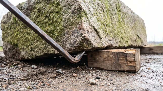 Steel Crowbar Wedged Under a Huge Stone Block on a Timber Fulcrum as a Leverage Metaphor