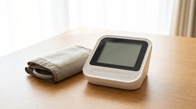 Home Blood Pressure Monitor and Arm Cuff on a Wooden Table Showing Self-Care Health Monitoring