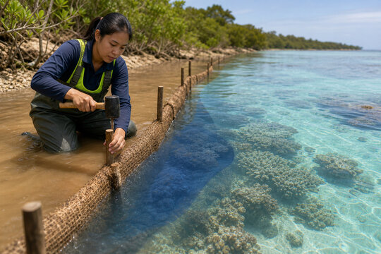 Coastal Engineer Installing Reef Sediment Barrier