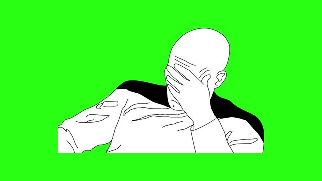Line art illustration of a bald man performing a facepalm gesture on green