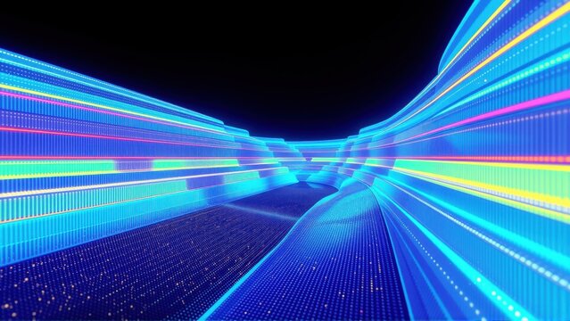 Bright neon lights form tunnel. Digital data streams converge toward distant point. Futuristic, vibrant scene.
