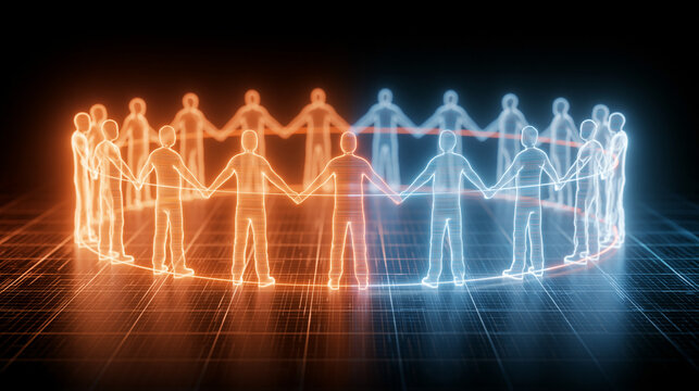Abstract human silhouette figures holding hands in glowing color-split circle