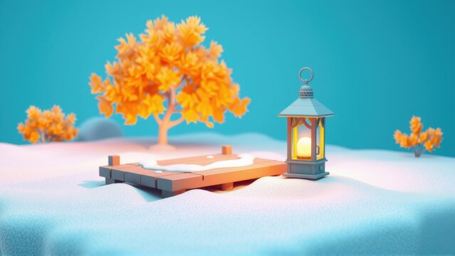 Minimalist scene. Orange trees, small bridge, lantern illuminate snowy landscape. Soft lighting creates calm atmosphere.