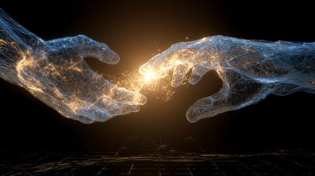 Abstract wireframe hands reaching toward glowing spark of connection point