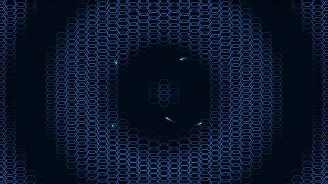 Abstract blue hexagonal grid with glowing energy particles moving in circular motion.