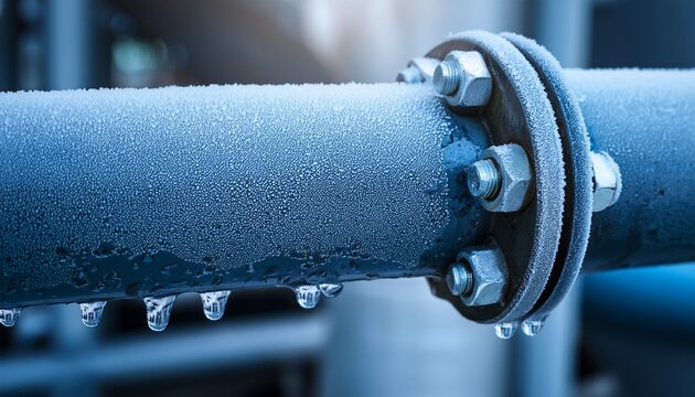 industrial pipe connection with frost and water drops cold conditions