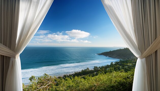 white curtain blow in wind from open window with ocean view vacation