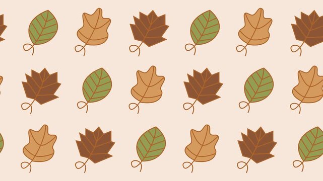 Seamless pattern of autumn leaves, curly stem oak, maple, and green leaves on a cream background animation for fall harvest foliage wallpaper and Thanksgiving backdrop design.