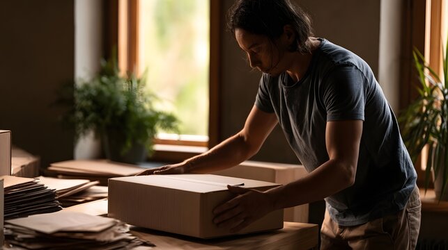 A person carefully handles a cardboard box on a wooden table surrounded by packing materials and indoor plants near