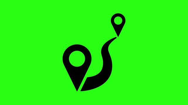 Black map location pins with a winding path on a bright green background
