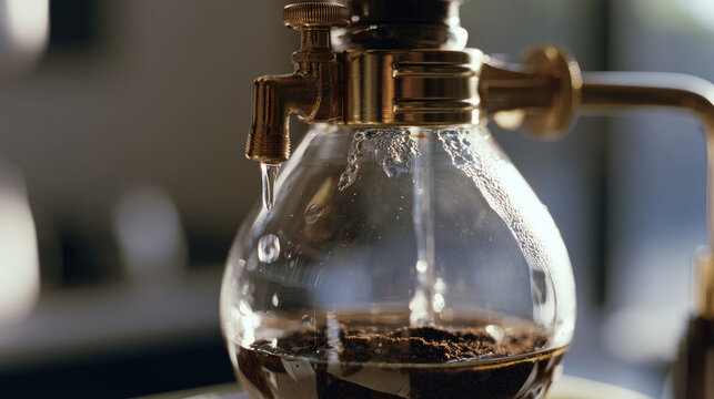 Cold brew coffee drip tower with brass valve releasing water onto ground coffee in clear glass, natural cafe light and shallow focus
