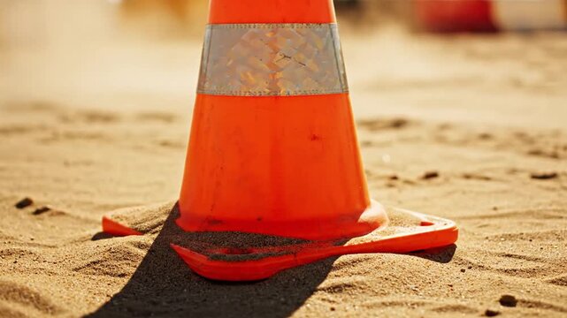 Bright Orange Traffic Cone Standing in Dry Sand During a Sunny Day