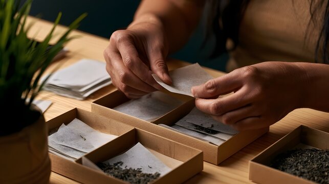 A person carefully placing dried herbs into paper tea bags inside wooden compartments on a light wood table
