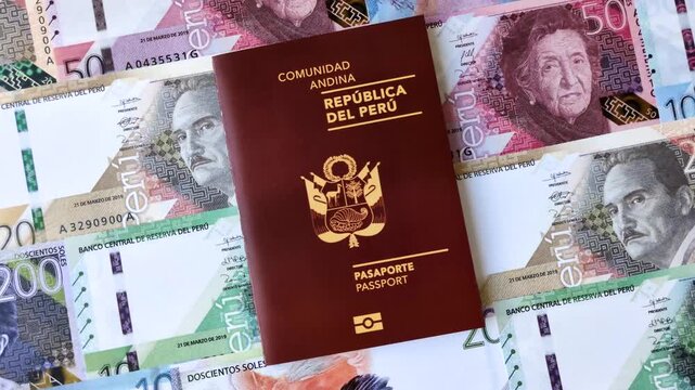 Peru, peruvian passport or id document with tickets for flight, border crossing. Peruvian passport