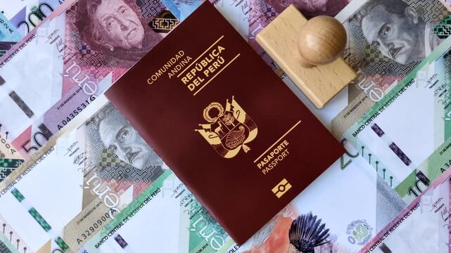 Peru, peruvian passport or id document with tickets for flight, border crossing. Peruvian passport