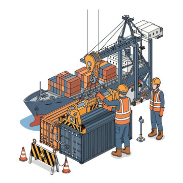 Industrial Port Scene with Workers and Cargo Containers.