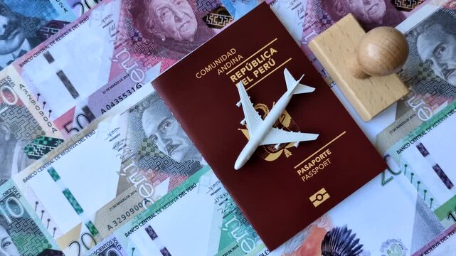 Peru, peruvian passport or id document with tickets for flight, border crossing. Peruvian passport