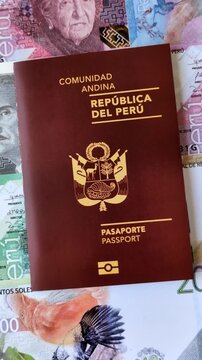 Peru, peruvian passport or id document with tickets for flight, border crossing. Peruvian passport