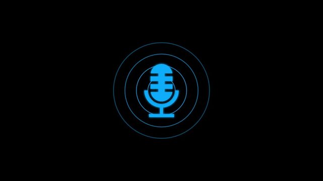 Blue color radio wave and voice recording podcast mic microphone button icon animation. Audio microphone icon animation.
