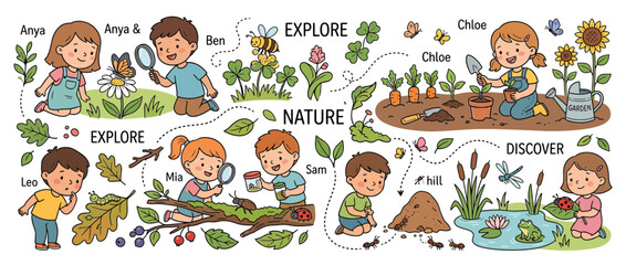 Children Exploring Nature, Discovering Insects and Gardening