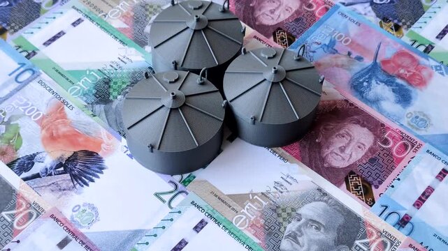 Liquefied gas storage tanks set against the Peruvian money as a background for your design