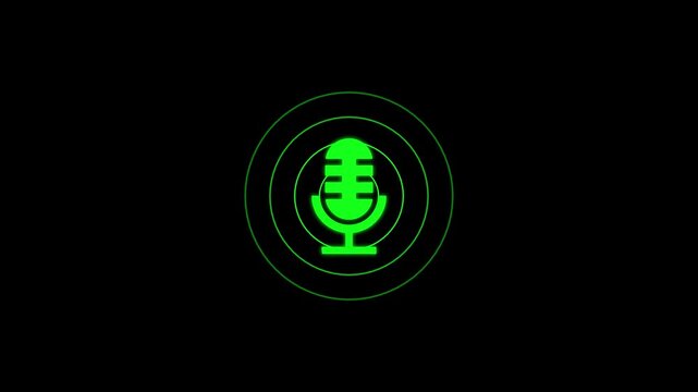 Green color radio wave and voice recording podcast mic microphone button icon animation. Audio microphone icon animation.