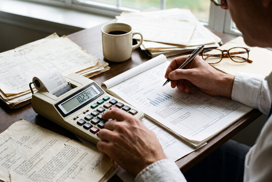A close-up image capturing a person working on financial calculations and reviewing documents at a desk.