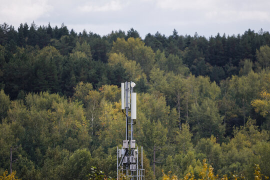 A close-up view of a mobile network antenna or telecommunications mast rising above the green canopy of a dense forest