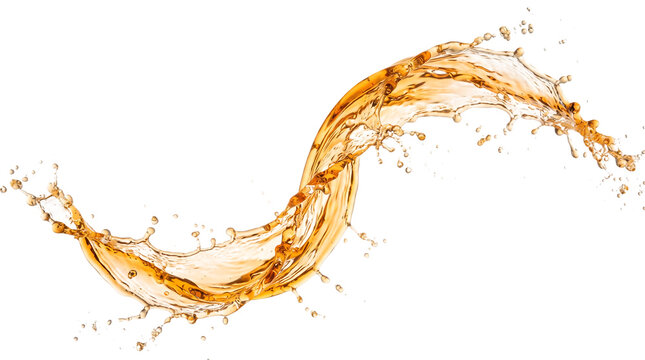 Dynamic splash of golden beer or whiskey liquid isolated on a black background for food and drink advertising
